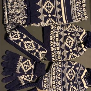Navy and White winter hat and scarf set 5 Pieces